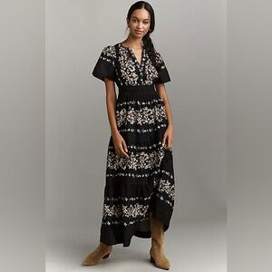 NWT Anthropologie The Somerset  Maxi Dress Black Floral Size Small Short Sleeve